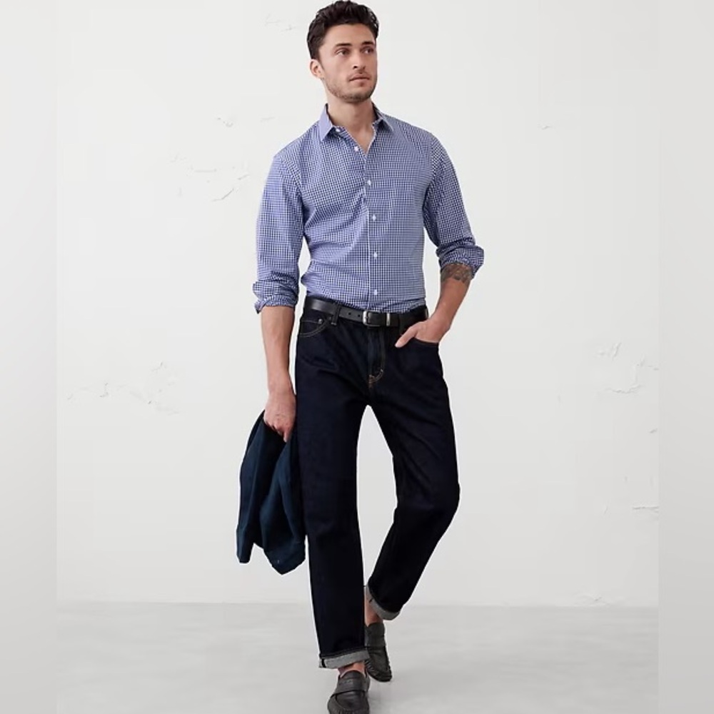 Banana Republic Men’s Standard-Fit Non-Iron Cotton Shirt Size XL Blue‎ Gingham